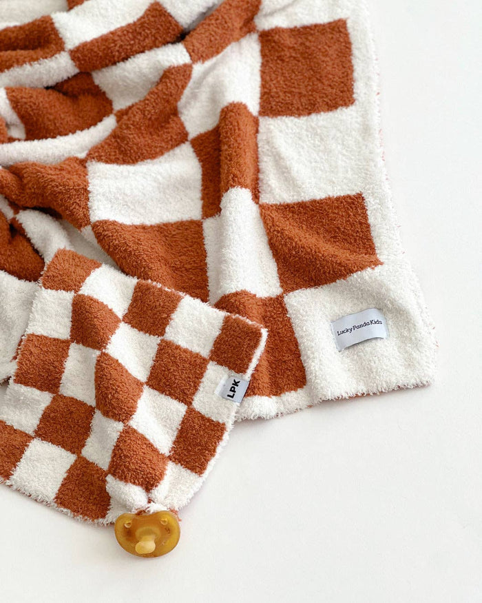 Lucky Panda Kids Baby Blanket - Checkered Plush Copper