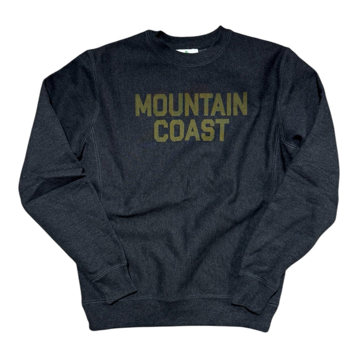 A charcoal sweatshirt laid out flat with the text 'MOUNTAIN COAST' printed across the chest.