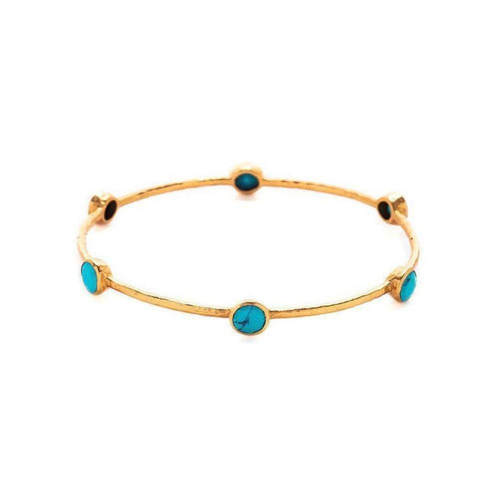 Gold bangle bracelet adorned with six turquoise stones.