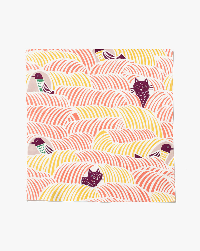 Modern Furoshiki, Musubi, Kata Kata, Cats & Birds, Pink 17.5" x 17.5"