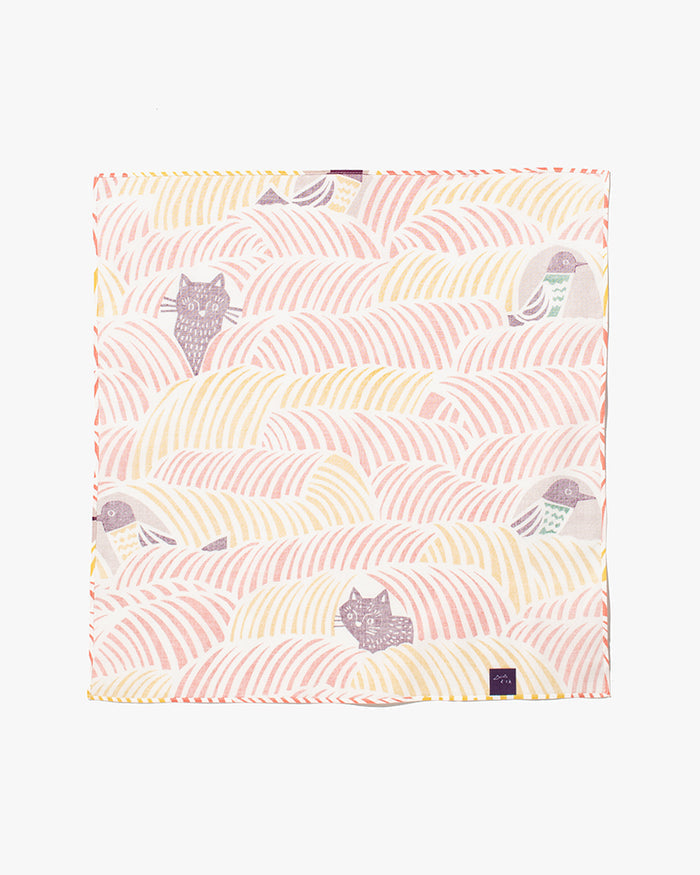 Modern Furoshiki, Musubi, Kata Kata, Cats & Birds, Pink 17.5" x 17.5"