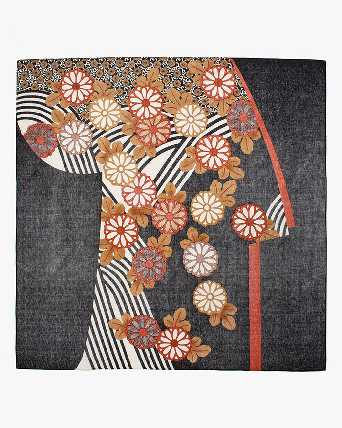 Modern Furoshiki, Musubi, Setsugekka, Chrysanthemum on Flowing Water, Black 47.25" x 47.25"