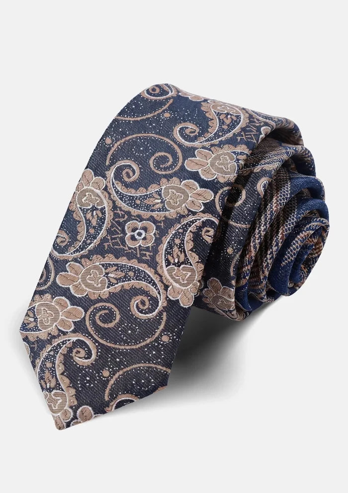 Navy Beige Botanical Paisley Tie - SARTORO