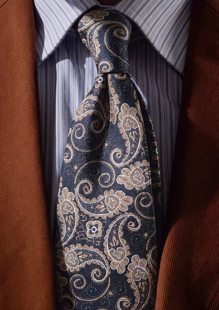 Navy Beige Botanical Paisley Tie - SARTORO