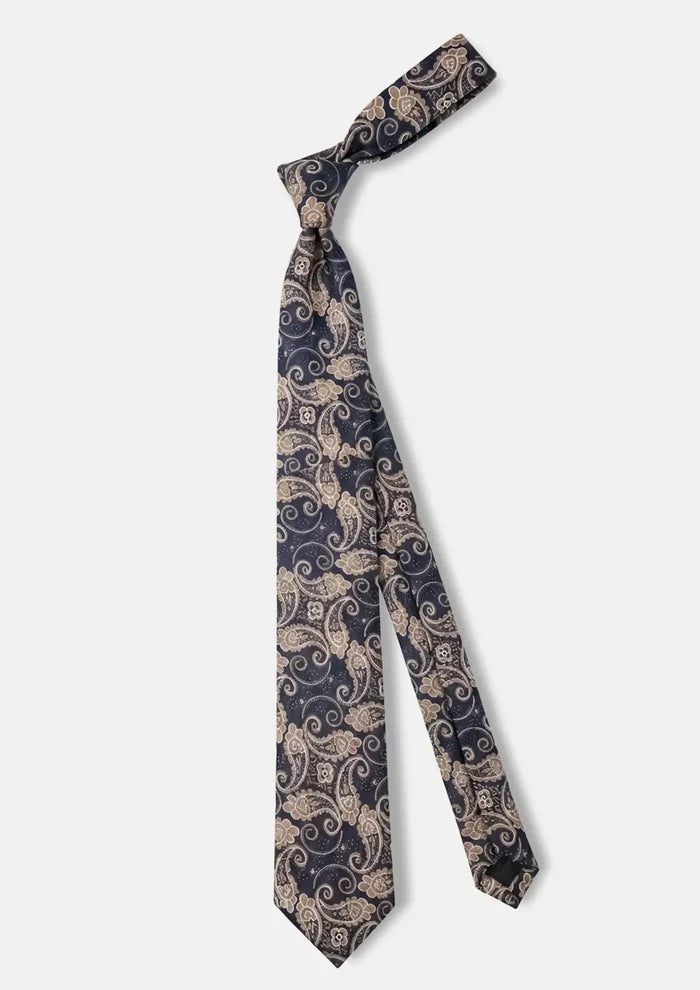 Navy Beige Botanical Paisley Tie - SARTORO