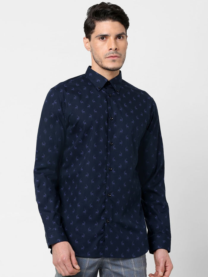 Navy Blue All Over Print Full Sleeves Shirt