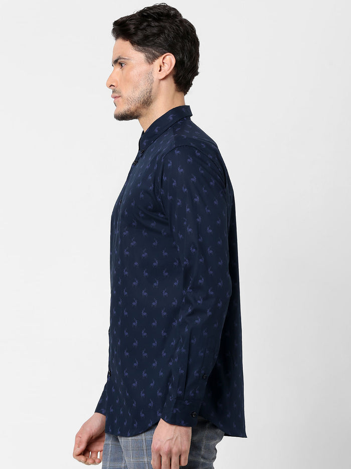 Navy Blue All Over Print Full Sleeves Shirt