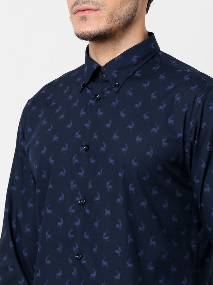 Navy Blue All Over Print Full Sleeves Shirt