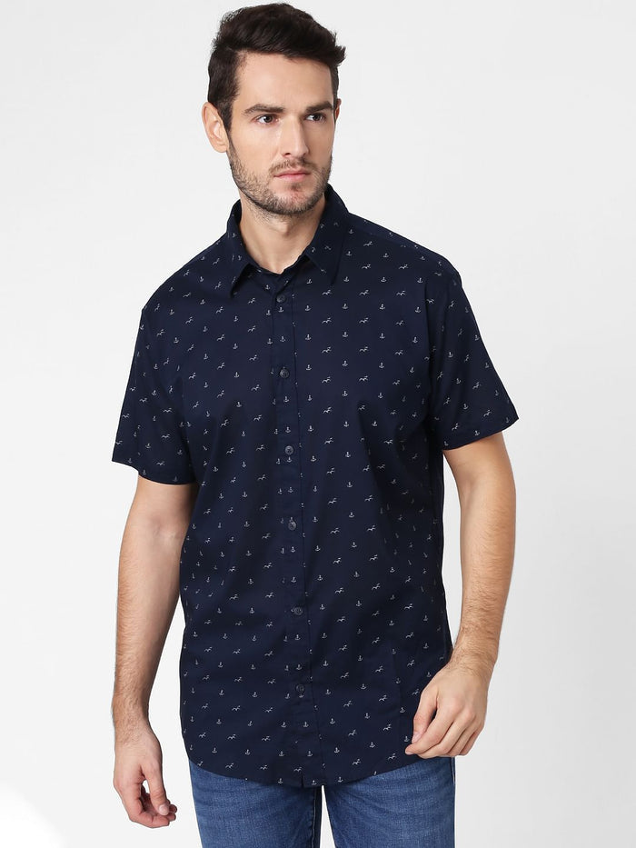 Navy Blue All Over Print Short Sleeves Shirt
