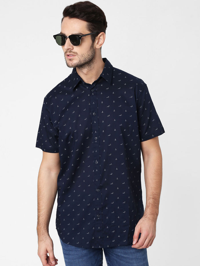 Navy Blue All Over Print Short Sleeves Shirt