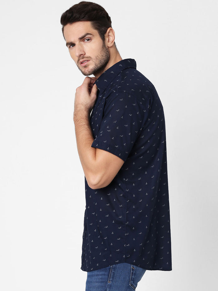 Navy Blue All Over Print Short Sleeves Shirt