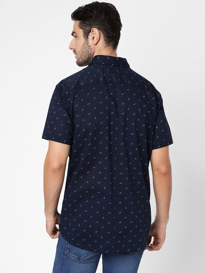Navy Blue All Over Print Short Sleeves Shirt