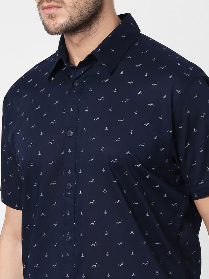 Navy Blue All Over Print Short Sleeves Shirt