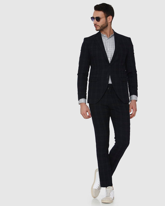 Navy Blue Check Formal Trousers