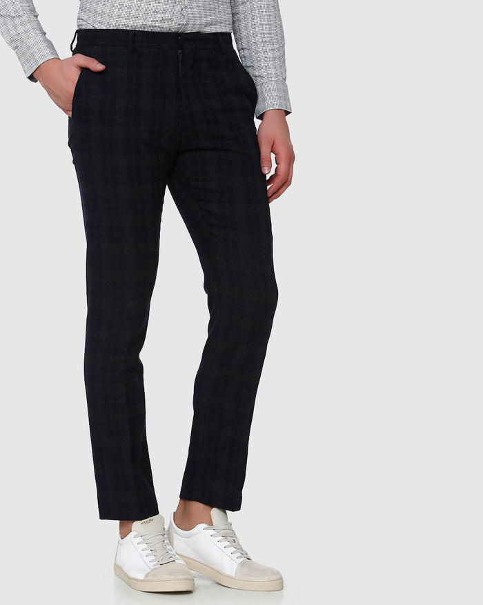 Navy Blue Check Formal Trousers