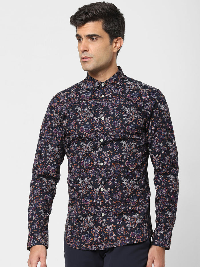 Navy Blue Floral Print Full Sleeves Shirt