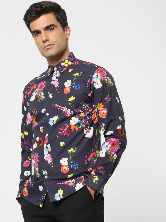 Navy Blue Floral Print Full Sleeves Shirt