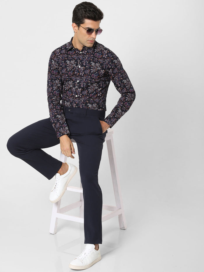 Navy Blue Floral Print Full Sleeves Shirt