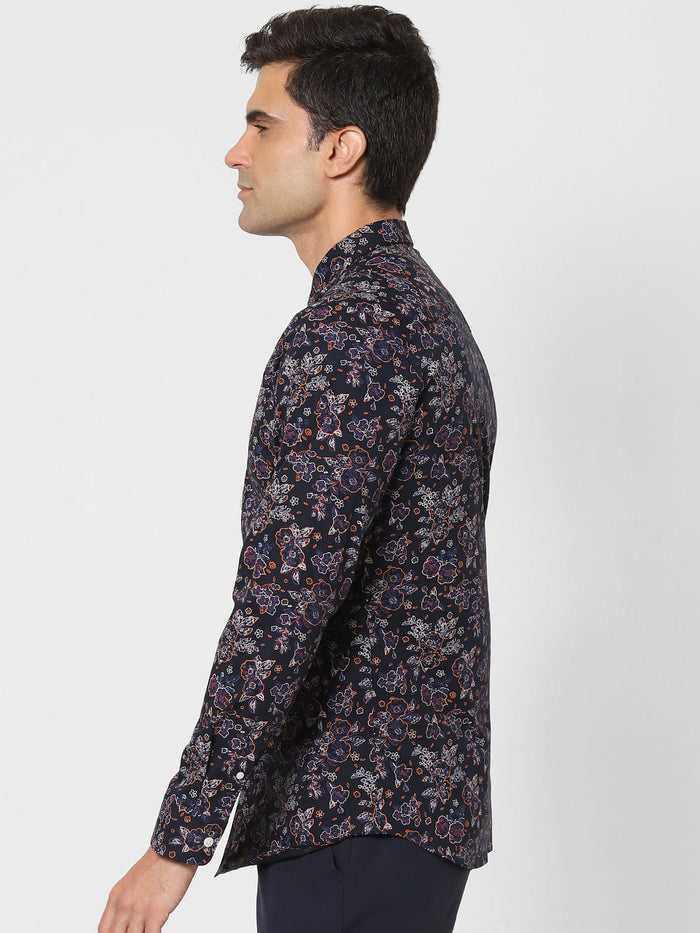 Navy Blue Floral Print Full Sleeves Shirt