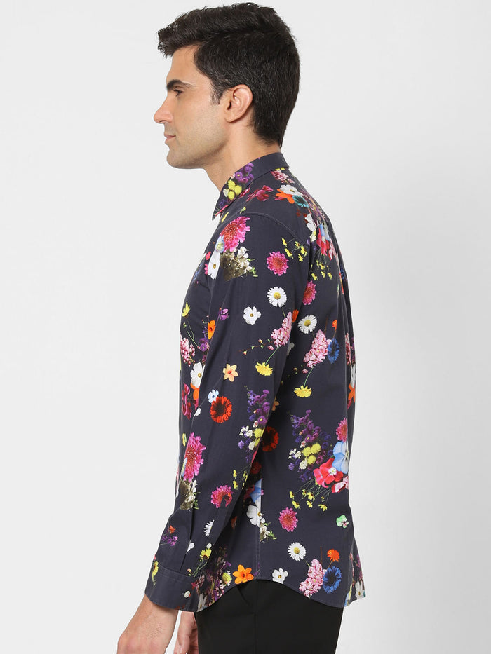 Navy Blue Floral Print Full Sleeves Shirt