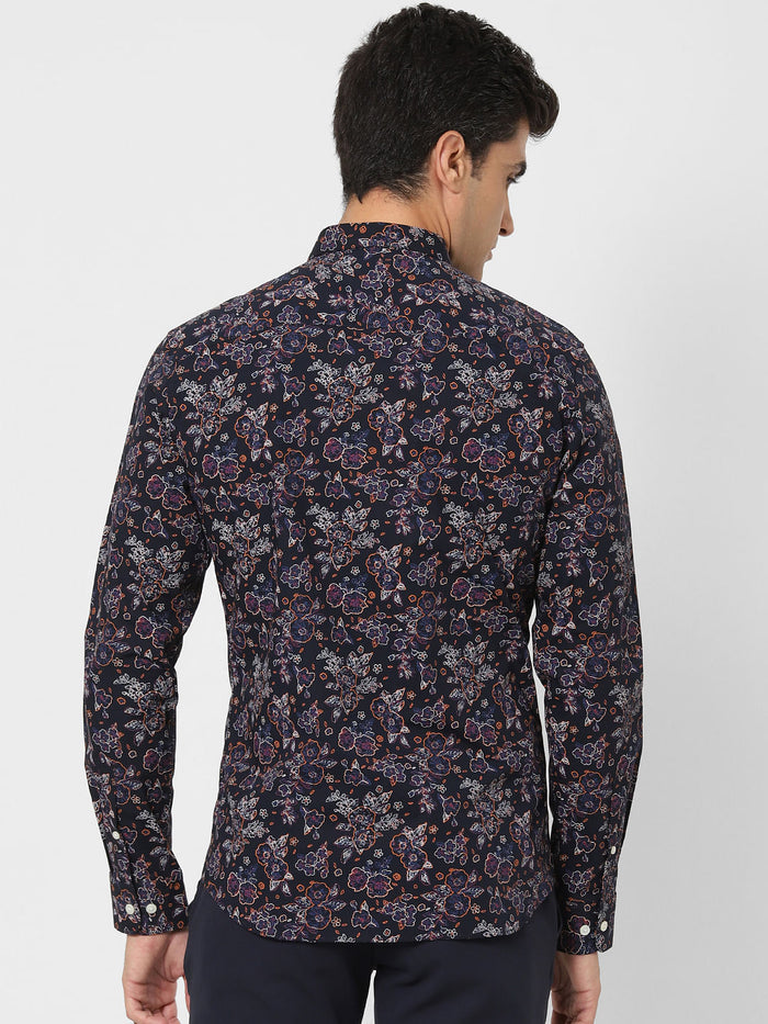 Navy Blue Floral Print Full Sleeves Shirt