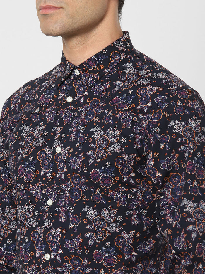 Navy Blue Floral Print Full Sleeves Shirt