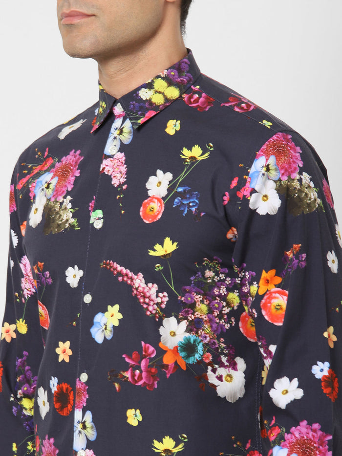 Navy Blue Floral Print Full Sleeves Shirt
