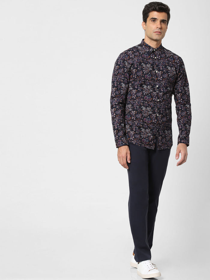 Navy Blue Floral Print Full Sleeves Shirt