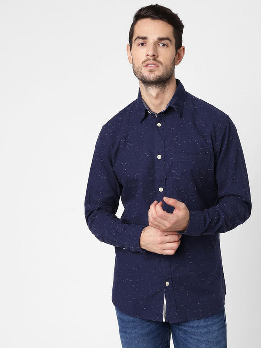 Navy Blue Self-Design Full Sleeves Shirt