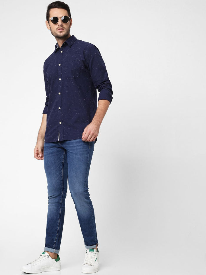Navy Blue Self-Design Full Sleeves Shirt