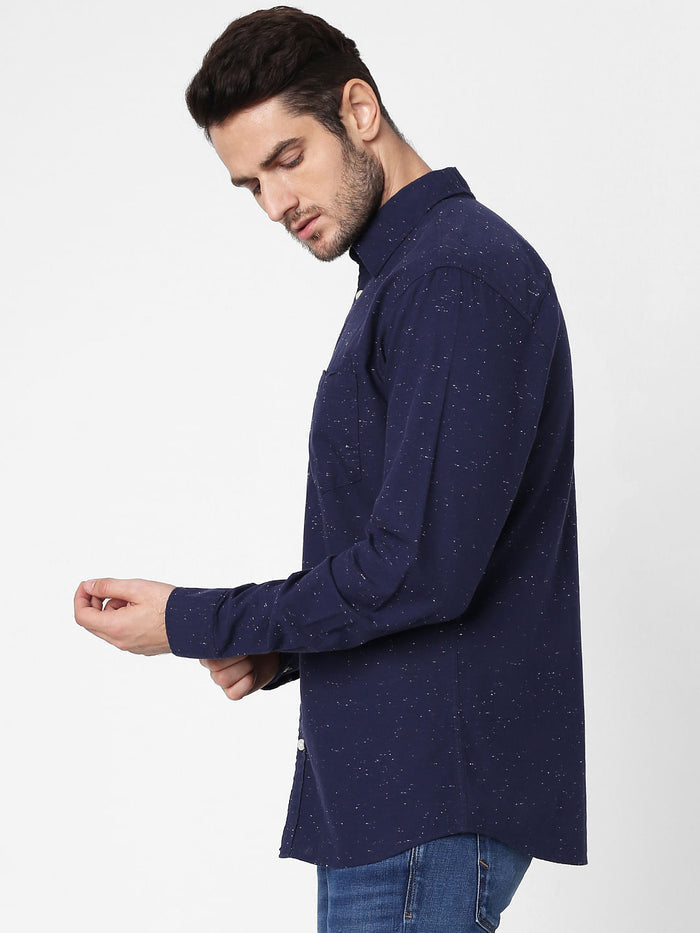 Navy Blue Self-Design Full Sleeves Shirt