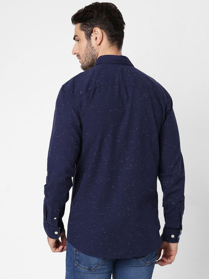 Navy Blue Self-Design Full Sleeves Shirt