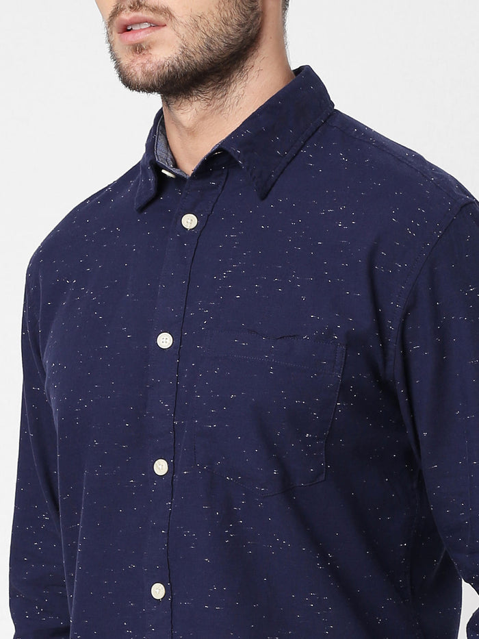 Navy Blue Self-Design Full Sleeves Shirt
