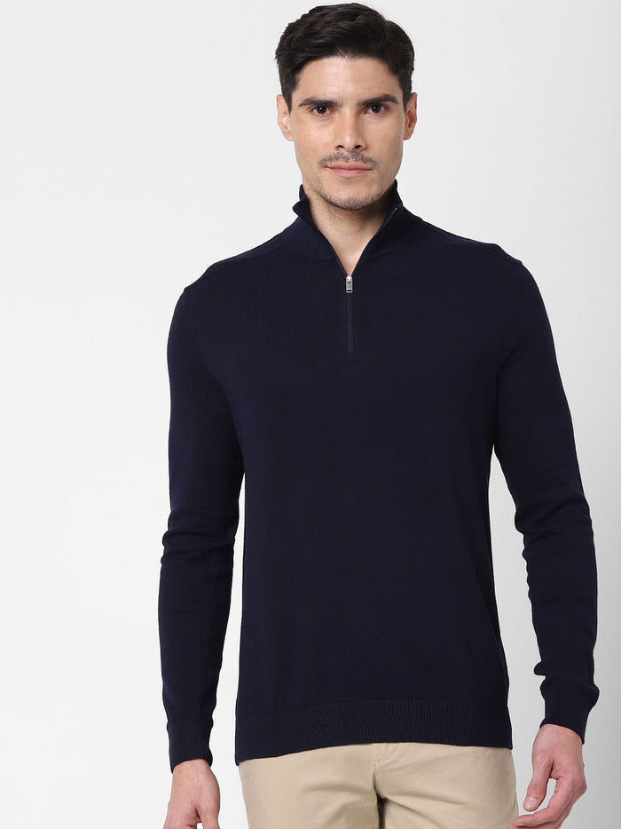 Navy Blue Zipped High Neck Pullover