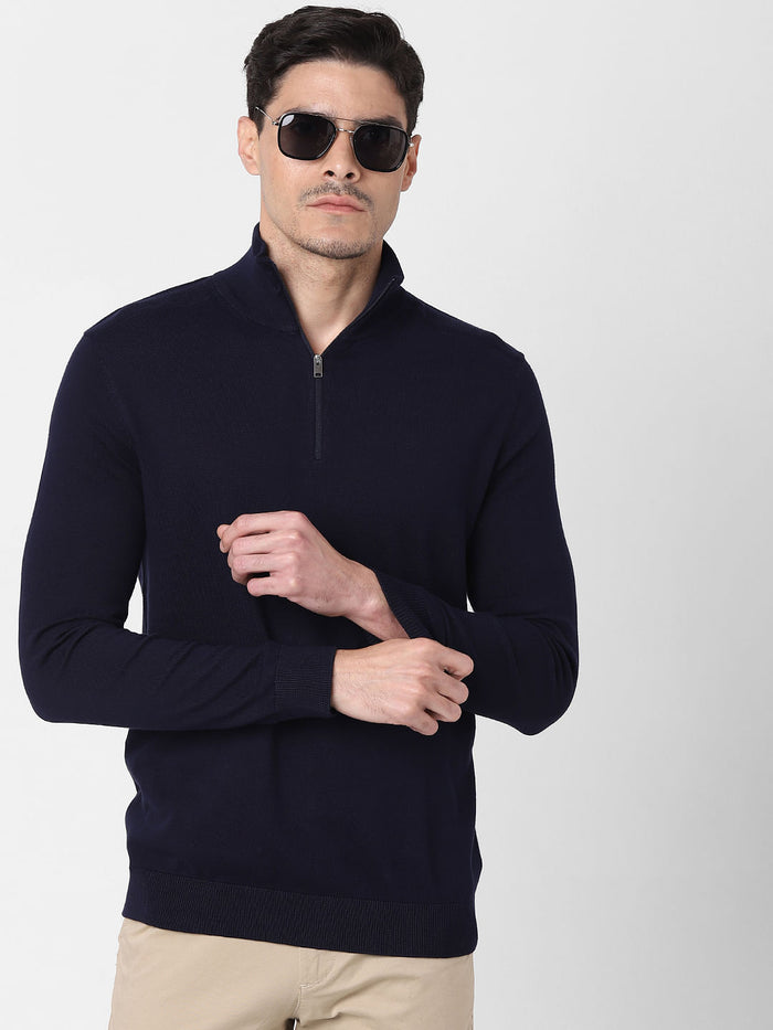 Navy Blue Zipped High Neck Pullover