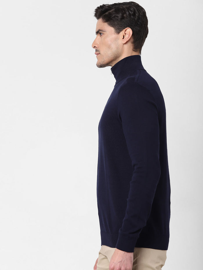 Navy Blue Zipped High Neck Pullover
