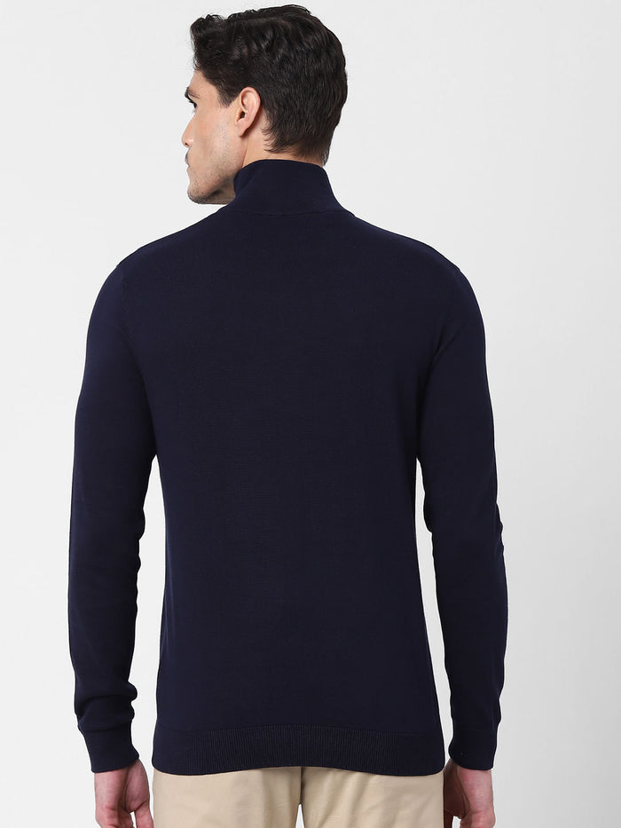 Navy Blue Zipped High Neck Pullover