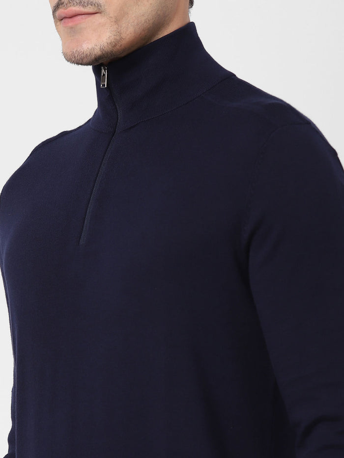 Navy Blue Zipped High Neck Pullover