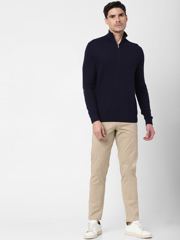 Navy Blue Zipped High Neck Pullover