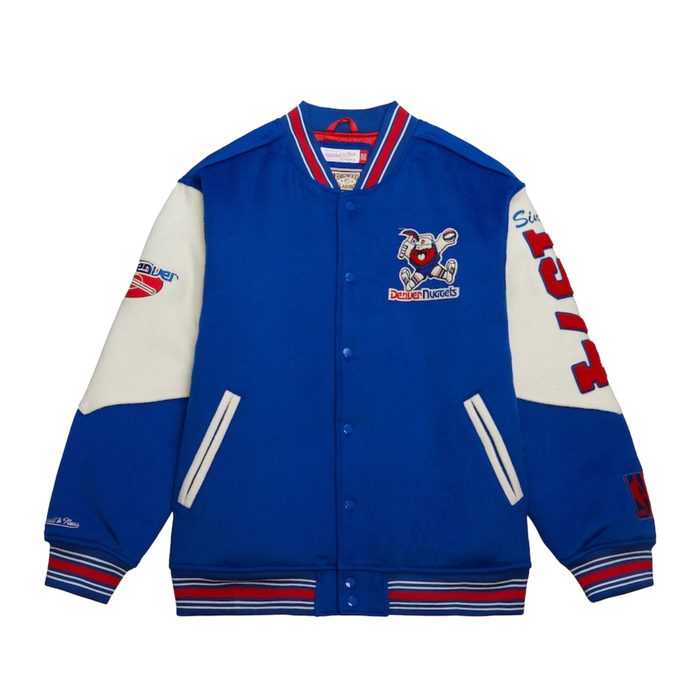 Front View blue and cream varsity jacket featuring a vintage Denver Nuggets logo on the chest and large red lettering on the sleeve.