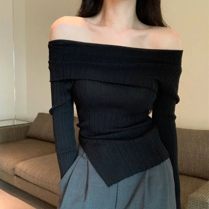 Off-Shoulder Asymmetrical Knitted Top fashionnsio