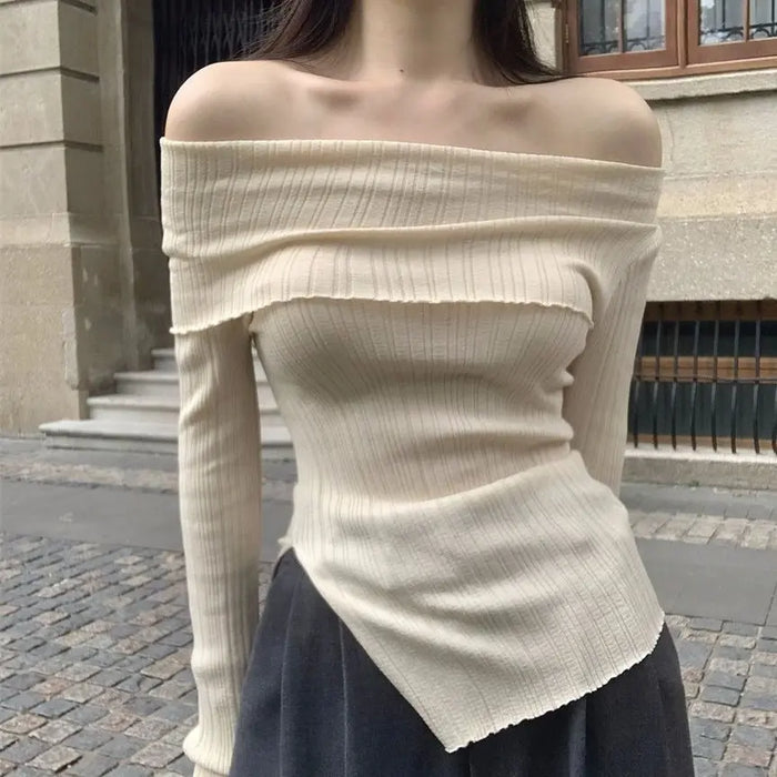 Off-Shoulder Asymmetrical Knitted Top fashionnsio