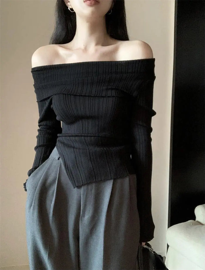 Off-Shoulder Asymmetrical Knitted Top fashionnsio