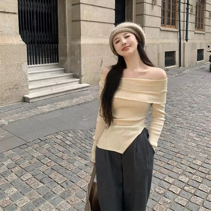 Off-Shoulder Asymmetrical Knitted Top fashionnsio