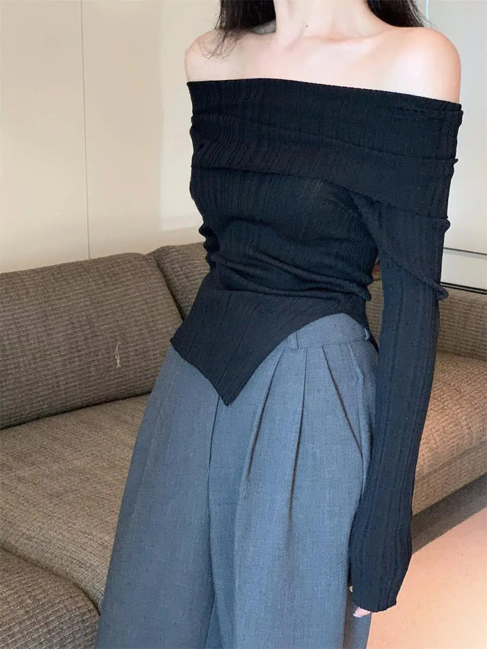 Off-Shoulder Asymmetrical Knitted Top fashionnsio