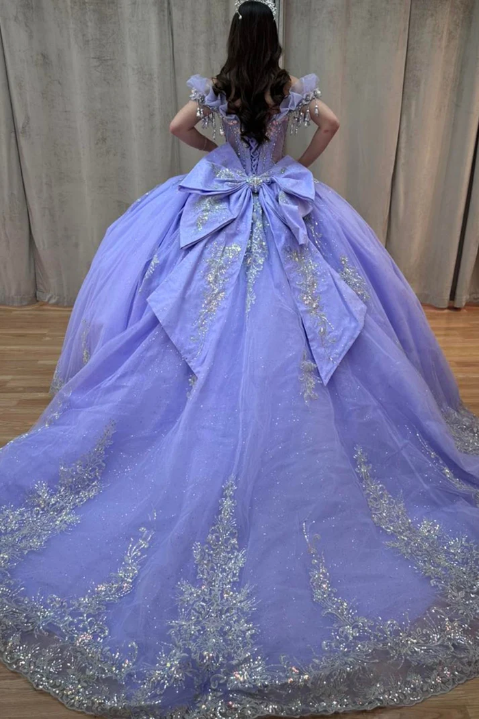 Off Shoulder Sleeveless Beaded Appliques Bow Knot Lilac Sweet 15 Quinceañera Dress