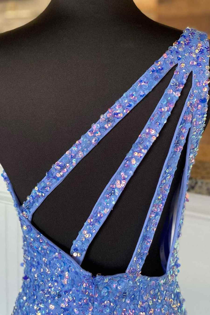 One Shoulder Sequins Mermaid Sleeveless Long Formal Prom Dress with Slit