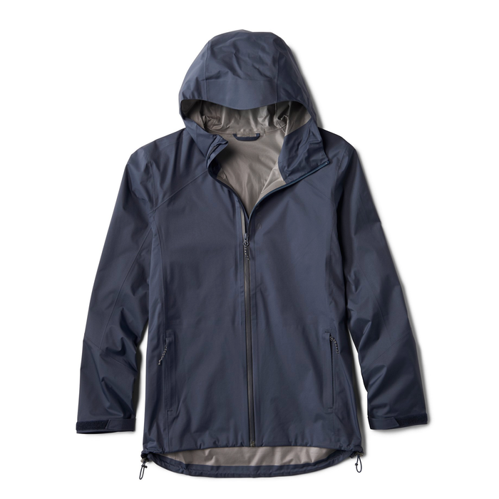 Navy Orvis men's rain jacket flat lay showing zippered pockets and adjustable hem