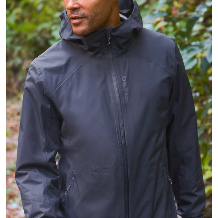 Men's Orvis Ultralight Storm 2.5L waterproof rain jacket in navy with front zipper