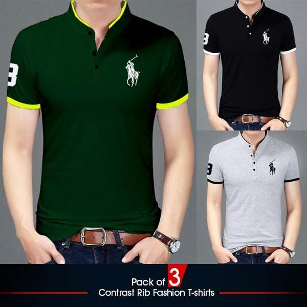 PACK OF 3 CONTRAST RIB FASHION T-SHIRTS - Dubai Offers Today